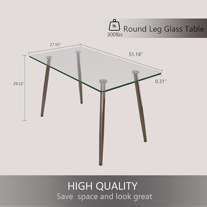 Glass Dining Table, 51'' Rectangle Dining Room Table,Modern Kitchen Table with Tempered Glass Tabletop and Metal Leg,Dining Table for 4 Suitable Kitchen Dining Living Meeting Room