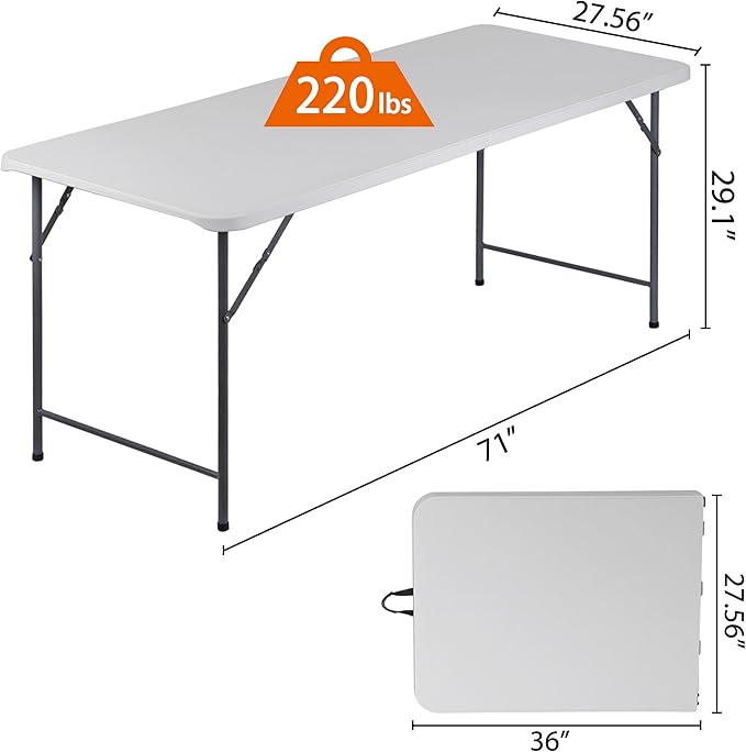 ZenStyle 6 ft Folding Table - 71"x27" Rectangular Portable Plastic Table for Indoor, Outdoor, Camping, Parties & Events | Lightweight Multi-Purpose Utility & Dining Table