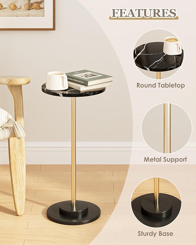 Round Side Table, Small Drink Table for Small Spaces, Modern Accent End Table with Metal Leg for Living Room, Bedroom, Corners, and Office (Black Marble)