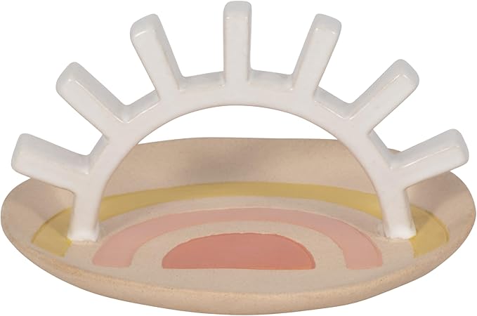 Sagebrook Home Boho Trinket Tray with Ring Holder - Ceramic Stoneware Jewelry Dish - Decorative Organizer for Rings & Accessories - Home, Office, Bedroom & Living Room Decor - 4" Ivory & Tan