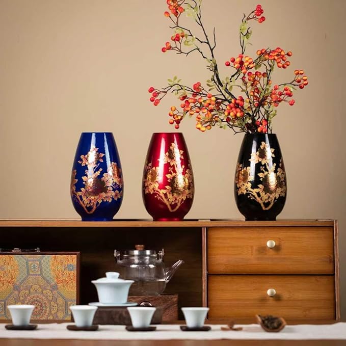 9 Inch Glossy Vintage Ceramic Vase with Floral Design, Flower Vases for Dining Table & Wedding Centerpiece, Handcrafted Home Decor, Boho Decoration for Living Room, Office, Entryway,Pampas Grass(Blue)