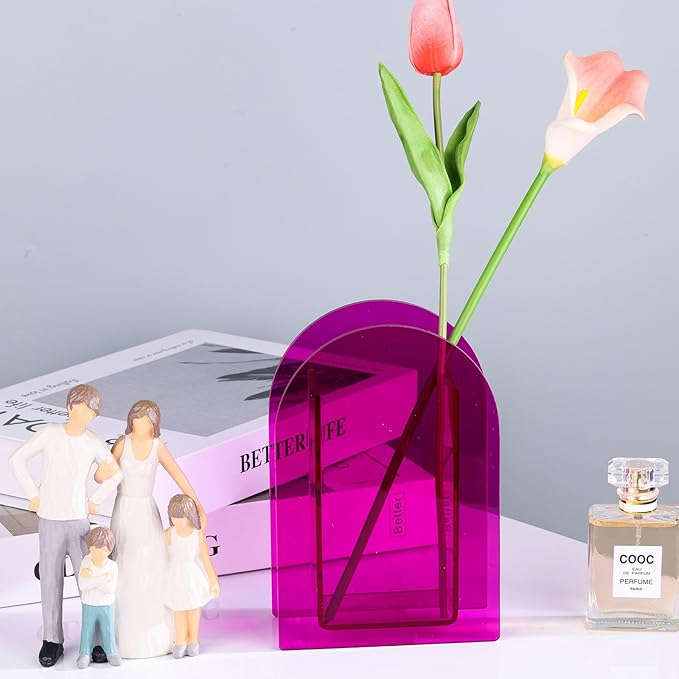 Purple Acrylic Vase Arched for Modern Aesthetic Room Decor, Hot Pink Acrylic Vase Decorative Centerpiece for Home or Wedding Office