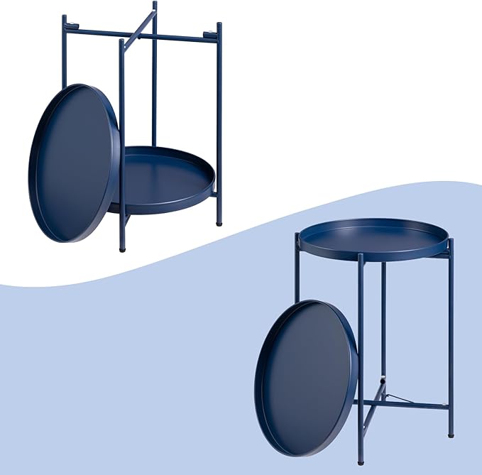 HollyHOME 2-Tier Round Side Table, Outdoor Small Folding Accent Stand with Removable Tray, Anti-Rust Metal Asional Table for Balcony Patio Living Room, Nightstand for Bedroom(Navy Blue)