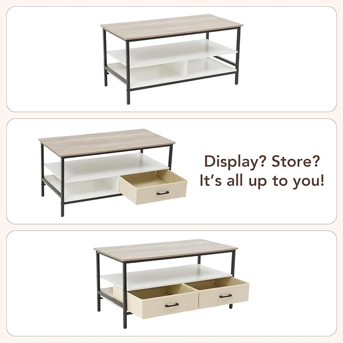 OC Orange-Casual Coffee Table, 40" Farmhouse Coffee Table with Storage Shelf & 2 Removable and Foldable Drawers, Center Table with Sturdy Frame, for Living Room, Bedroom, Office