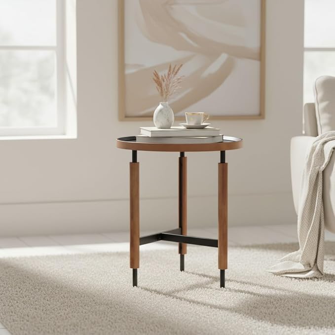 LukeAlon Modern Round Side Table for Living Room - Circle Wooden Table Top with Black Cross Legs Base, Rustic, Vintage, Easy Assembly, Black (19" D x 19" W x 21.5" H)