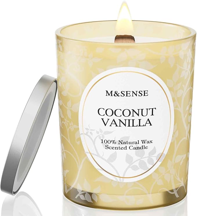M&SENSE Coconut Vanilla Scented Candle, Cracking Wooden Wick Soy Wax, 18oz 100 Hours Long Lasting Clean Burn, Large Jar Candles for Home Decor, Non-Toxic Relaxing Aromatherapy Gifts for Women