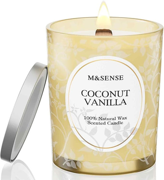 M&SENSE Coconut Vanilla Scented Candle, Cracking Wooden Wick Soy Wax, 18oz 100 Hours Long Lasting Clean Burn, Large Jar Candles for Home Decor, Non-Toxic Relaxing Aromatherapy Gifts for Women
