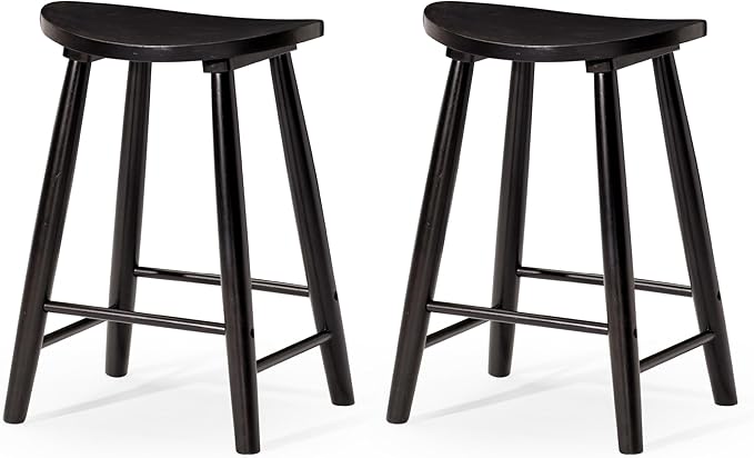 Maven Lane Luna Counter Stool Set of 2 – 26 Inch Round Stools with Footrest – Black Solid Wood – Space-Saving Design for Kitchen Counters & Islands, Ideal for Apartments, Dorms & Compact Living