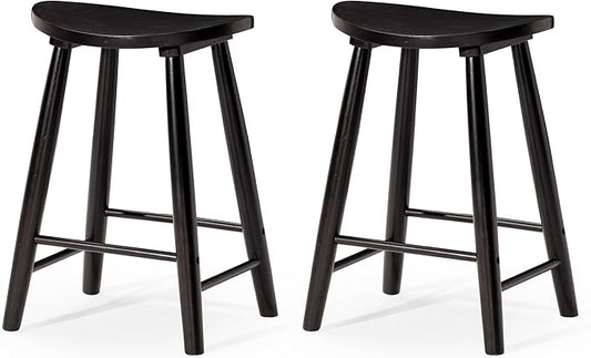 Maven Lane Luna Counter Stool Set of 2 – 26 Inch Round Stools with Footrest – Black Solid Wood – Space-Saving Design for Kitchen Counters & Islands, Ideal for Apartments, Dorms & Compact Living