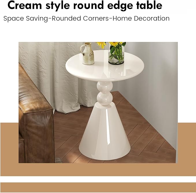 23" Round Side Table, Modern French Style End Table with Pedestal Base, Small Accent Table for Living Room, Bedroom, or Sofa Side, Cream White