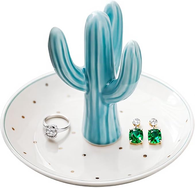 Cactus Ceramic Jewelry Tray, Ring Dish & Trinket Holder - Boho Room & Bathroom Decor for Women, Cute Desk Organizer - Gift for Her, Mom, Sister, Best Friend, Christmas, Birthday