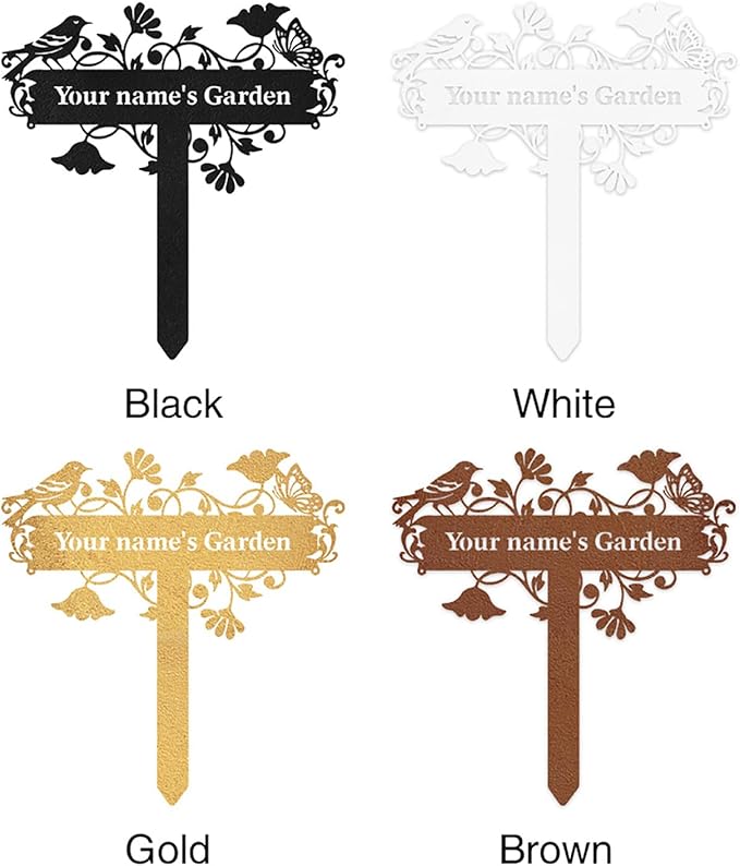 Personalized Garden Signs with Stake, Custom Garden Signs Metal for Outdoor Waterproof, Customized Metal Name Sign, Birds Flowers Design Home Patio Yard Decor Gardening Gift