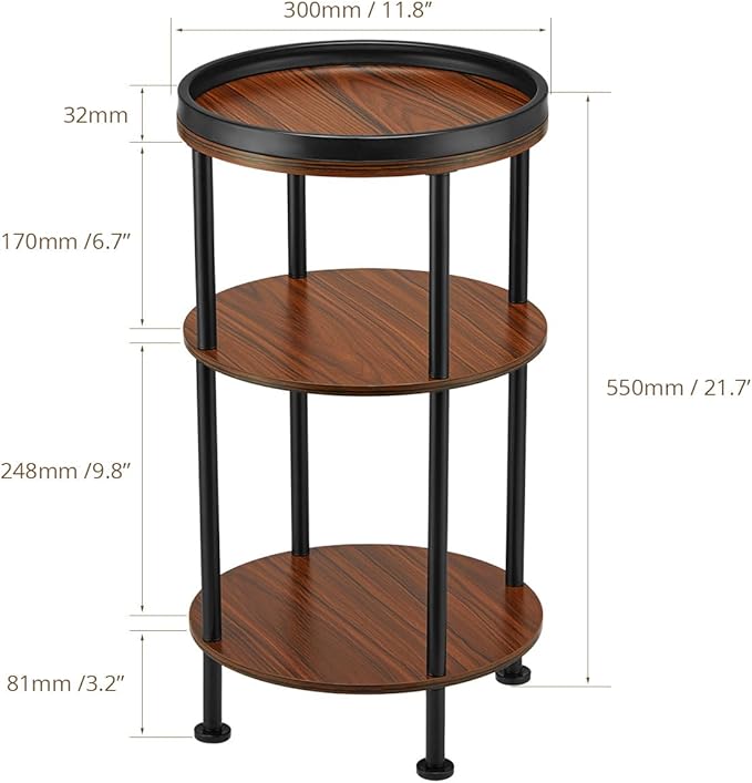 Side Table, Small Round Side Table for Small Spaces, 3-Tier Round Accent Table Slim Side Table, Modern Sofa End Table Corner Table for Living Room Bedroom Nightstand (Classic, Cherry)
