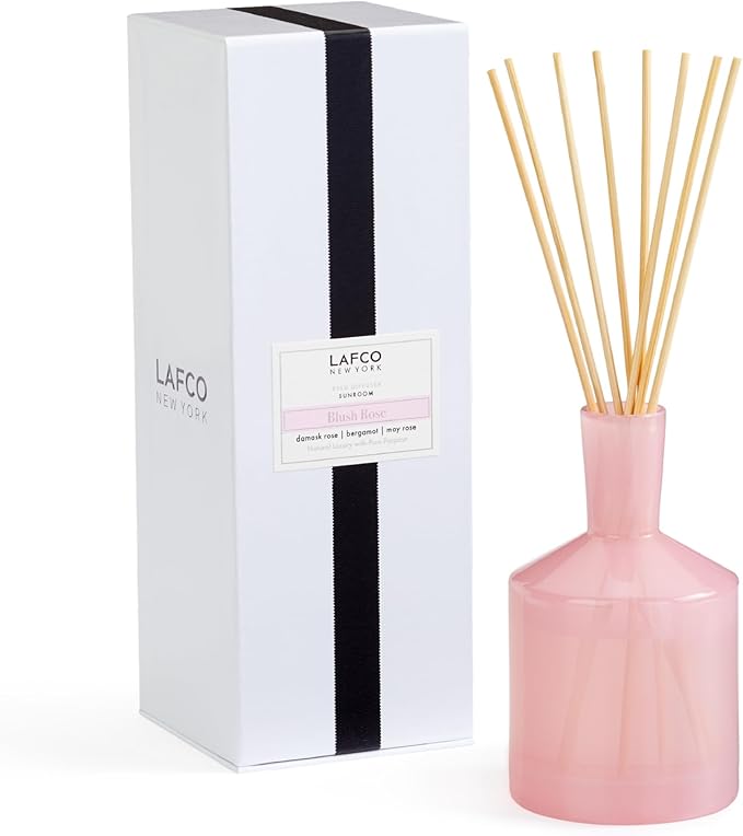 LAFCO New York Classic Reed Diffuser, Blush Rose - 6 oz - Up to 3 Months Fragrance Life - Reusable Glass Vessel - Natural Wood Reeds - Made in The USA