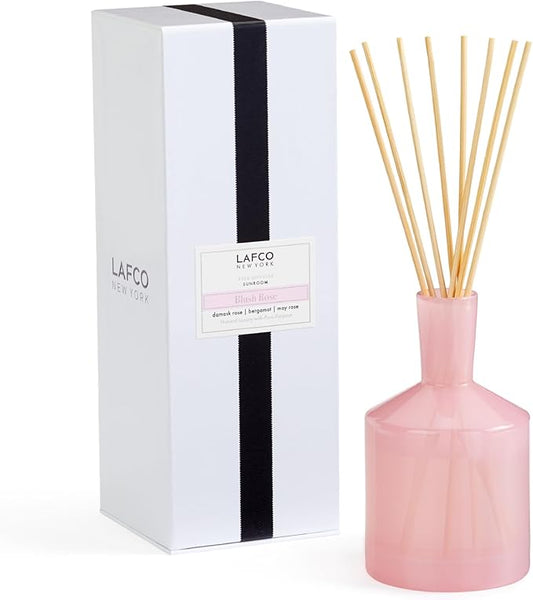 LAFCO New York Classic Reed Diffuser, Blush Rose - 6 oz - Up to 3 Months Fragrance Life - Reusable Glass Vessel - Natural Wood Reeds - Made in The USA