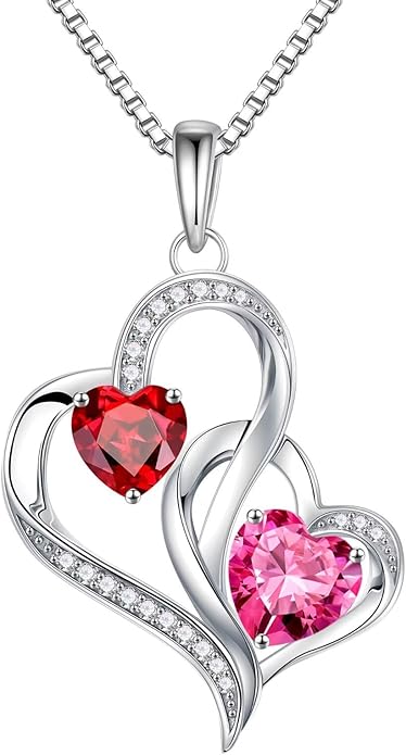 Iefil Christmas Gifts for Women - Double Heart Birthstone Necklace, 925 Sterling Silver Heart Pendant Necklace, Anniversary Birthday Gifts for Women | Personalized Jewelry Gift for Wife Mom Girlfriend