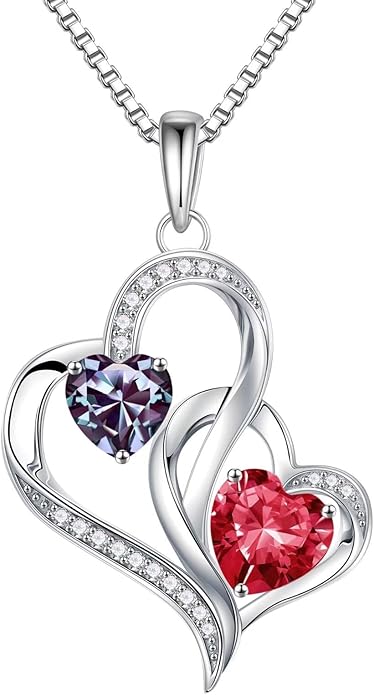 Iefil Christmas Gifts for Women - Double Heart Birthstone Necklace, 925 Sterling Silver Heart Pendant Necklace, Anniversary Birthday Gifts for Women | Personalized Jewelry Gift for Wife Mom Girlfriend