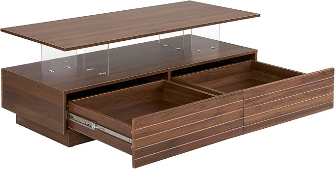 LED Coffee Table with 2 Large Drawers, 47.2" Multi-Color Adjustable Lighting & Ample Storage for Magazines for Living Room, Modern Rectangular Sturdy Engineered Wood Tea Table for Furniture, Walnut