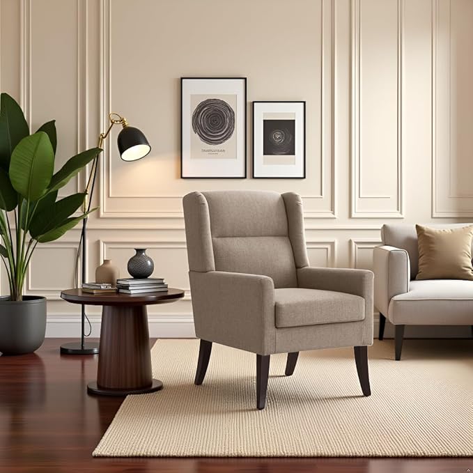 High Back Accent Chair, Fabric Living Room Chairs, Comfy Upholstered Armchair with Wooden Legs for Living Room, Bedroom, Apartment (1, Brown)