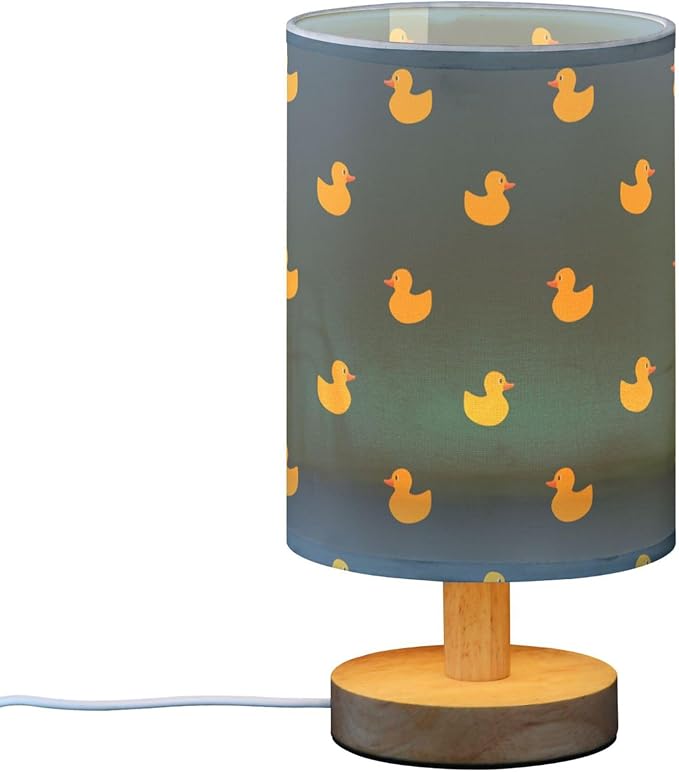 Table Lamp Yellow Duck Pattern on Dark Blue Nightstand Lamp with Wood Base Fabric Lamp Shade Bedside Desk Lamp for Living Room Bedroom Kids Room Office