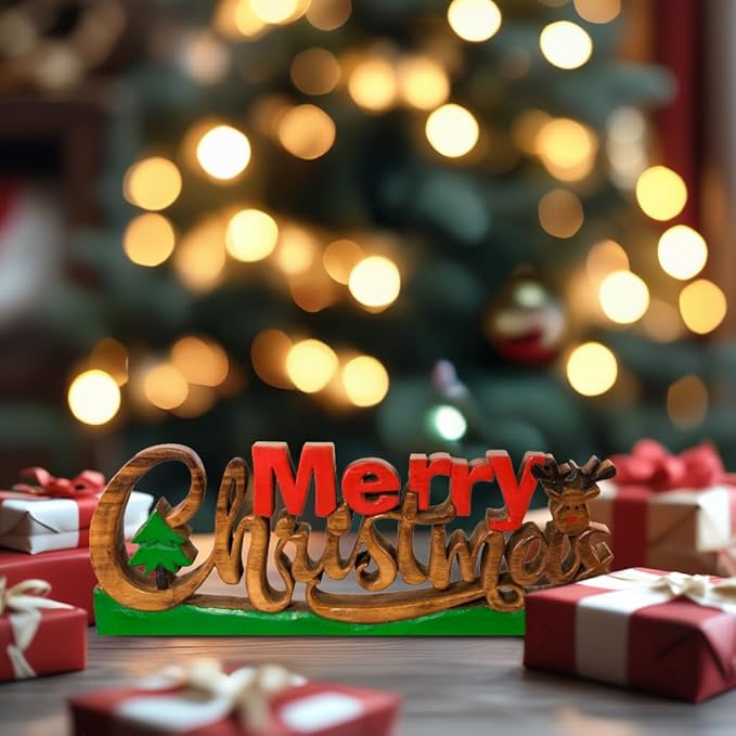 Decozen Living Room Decor: Handcrafted Merry Christmas Centerpiece - Christmas, Bedroom, Indoor Coffee Table, Dining Room, Farmhouse & Kitchen Decor, Housewarming Gifts - Solid Wood