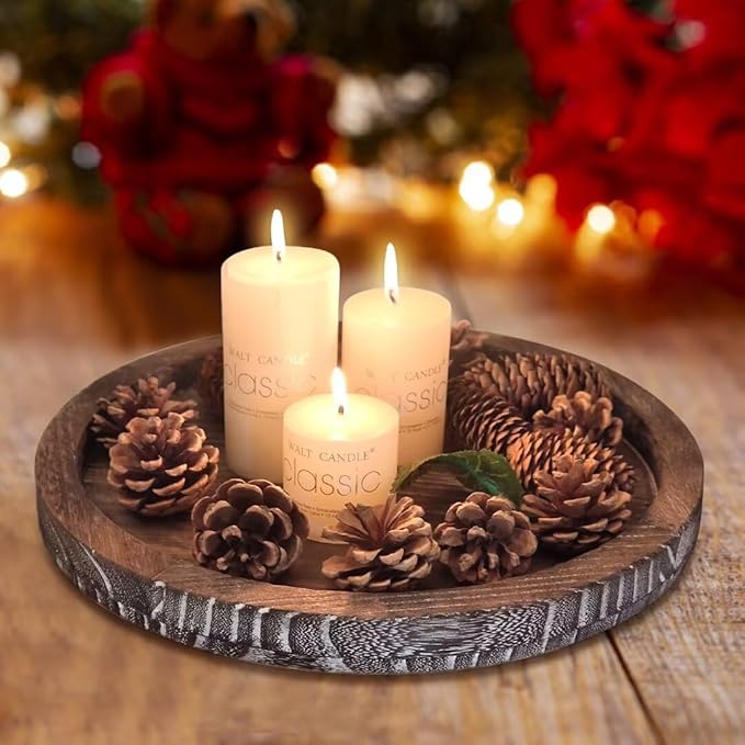 Round Decorative Wooden Serving Trays for Ottoman Coffee Table Tray Farmhouse Kitchen Home Decor Accents Circle Circular Wood Decorations Trays Rustic Dining Table Centerpiece Candle Holder Tray