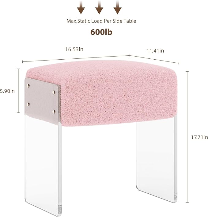 Vanity Stool Chair and Foot Rest -Modern Vanity Stool and Pouf Ottoman with Wool and Acrylic Leg for Makeup Room, Living Room, Bedroom Pink