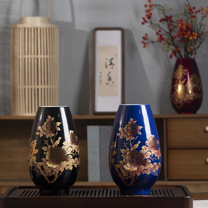 9 Inch Glossy Vintage Ceramic Vase with Floral Design, Flower Vases for Dining Table & Wedding Centerpiece, Handcrafted Home Decor, Boho Decoration for Living Room,Office, Entryway,Pampas Grass(Black)