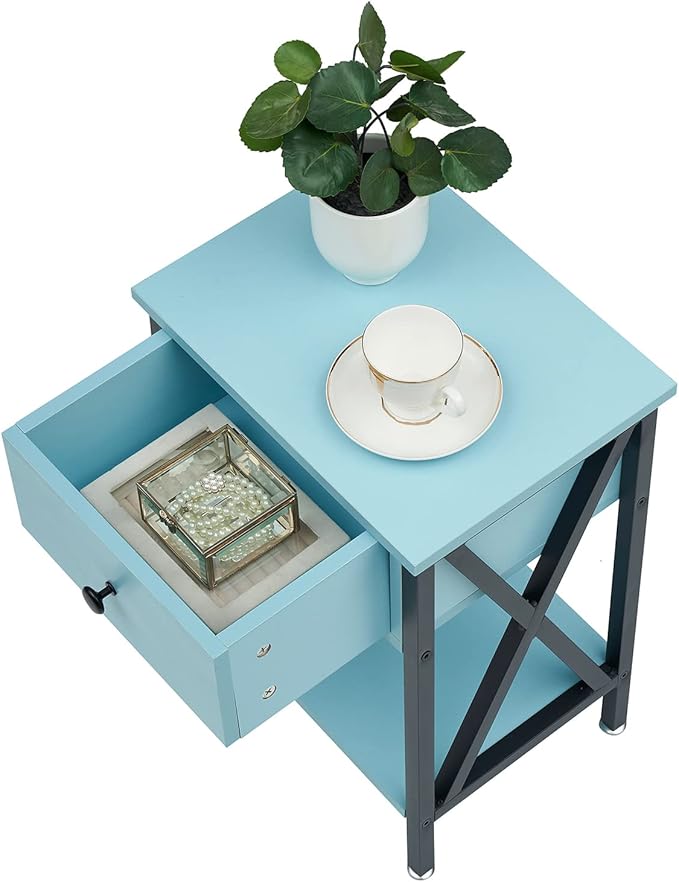 VECELO Nightstands Set of 2, Modern Bedside End Tables, Night Stands with Drawer and Storage Shelf for Living Room Bedroom, Industrial Metal Frame