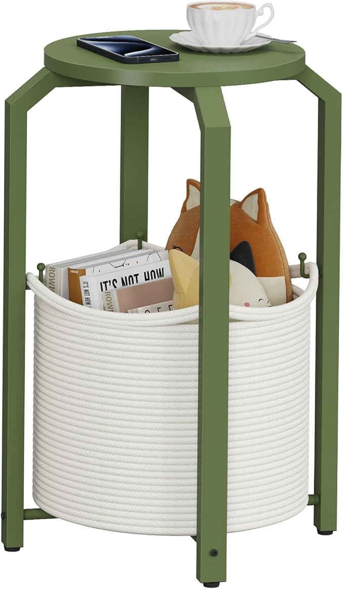TUTOTAK Small Side Table, Round End Table, Night Stand, Bedside Table, Sofa Table with Storage Basket, Living Room, Bed Room, Olive Green TB01BOG092