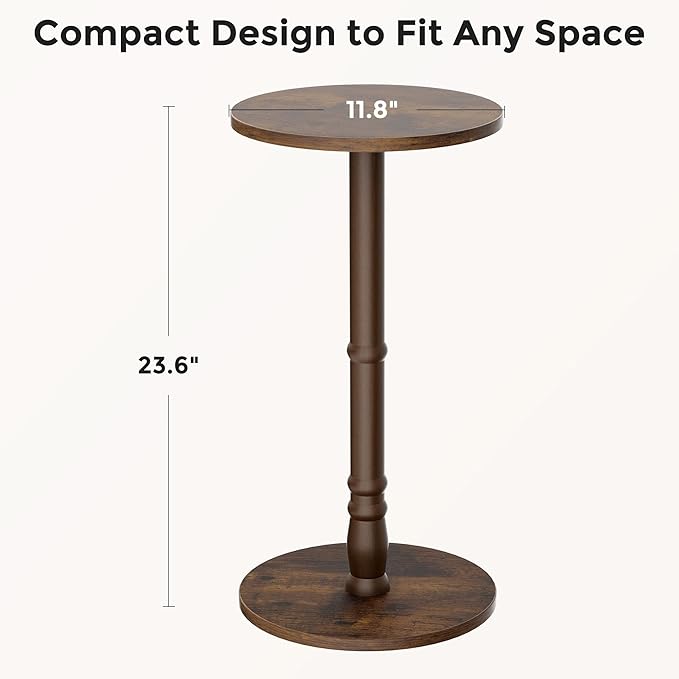 Round Side Tables Set of 2, Solid Wood Pillar with Wood Top & Base, Small Drink Accent Table for Living Room, Bedroom, Sofa & Office, Easy Assembly, Rustic Brown