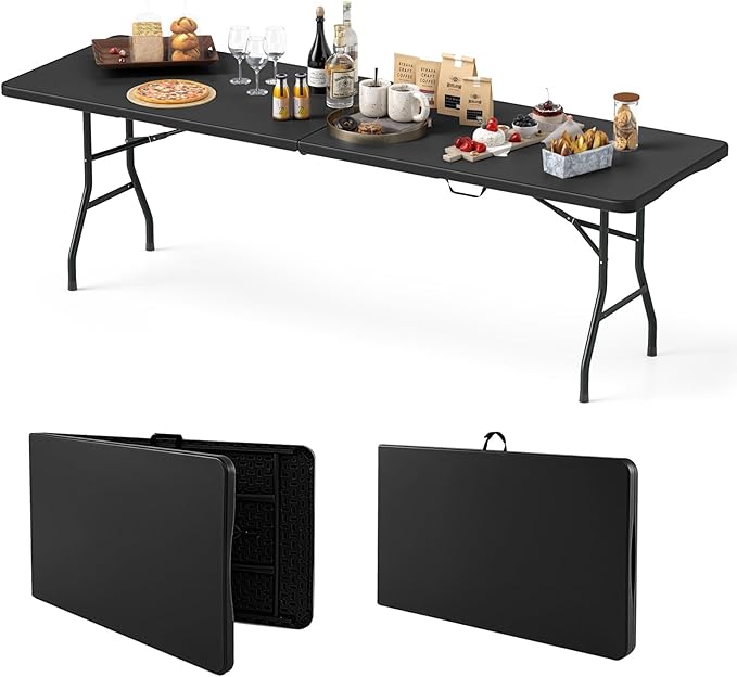Goplus 8ft Plastic Folding Table, 350 LBS Outdoor Heavy Duty Folding Tables with HDPE Tabletop, Handle, Lock, Foldable Rectangle Portable Utility Card Table for Picnic, Party, Camping, Dining
