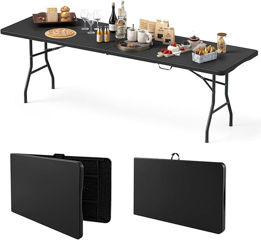 Goplus 8ft Plastic Folding Table, 350 LBS Outdoor Heavy Duty Folding Tables with HDPE Tabletop, Handle, Lock, Foldable Rectangle Portable Utility Card Table for Picnic, Party, Camping, Dining