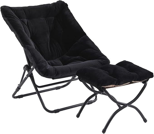 Comfy Folded Chair with Ottoman, Oversized Folding Faux Fur Chair Soft Furry Lounge Lazy Chair with Metal Frame Moon Chair Accent Chair for Bedroom, Living Room, Dorm Rooms