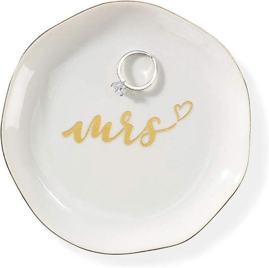 HOME SMILE Mrs Ring Dish, Engagement&Wedding Gifts for Women, Bridal Shower Present,Ceramic Jewelry Tray, 4.5"