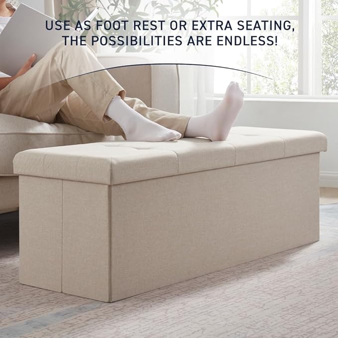 Ornavo Home 43 Inch Folding Storage Ottoman, Long Large Storage Ottoman Chest, Foot Rest Stool, Bedroom Bench - (Beige)