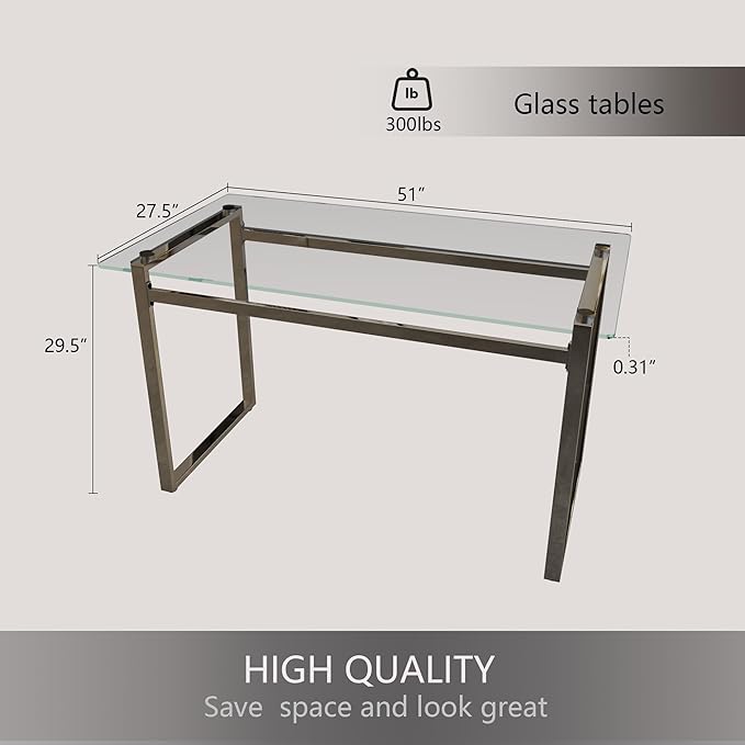 Glass Dining Table, 51'' Rectangle Dining Room Table,Modern Glass Kitchen Table with Tempered Glass Tabletop and Metal Leg,Dining Table for 4 Suitable Kitchen Dining Living Meeting Room(Silver)