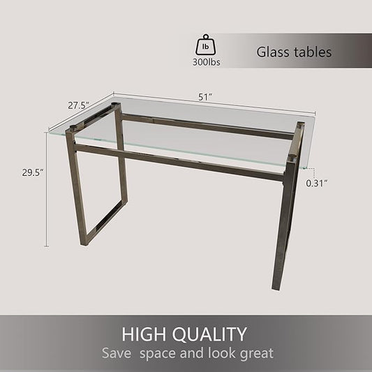 Glass Dining Table, 51'' Rectangle Dining Room Table,Modern Glass Kitchen Table with Tempered Glass Tabletop and Metal Leg,Dining Table for 4 Suitable Kitchen Dining Living Meeting Room(Silver)