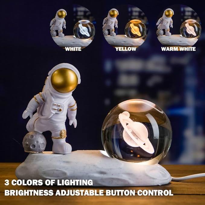 3D Astronaut Crystal Ball Night Light, 3D Inner Carved Crystal Ball Night Lamp, Glowing Crystal Ball with LED Light Base, Color Changing Light & Kids Birthday Gift (Gold, Moon)
