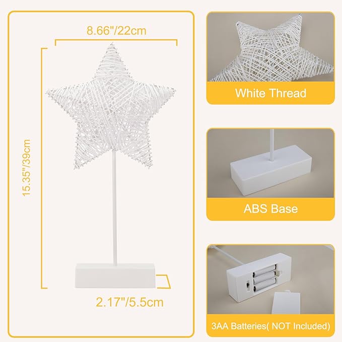 Lewondr Decorative Table Lamp, Christmas Star Night Lamp Winding Cotton Thread Warm LED Light Lamp for Bedroom, Battery Operated Lamp for Tables Cordless Xmas Home Romantic Bedside Table Lamp, White