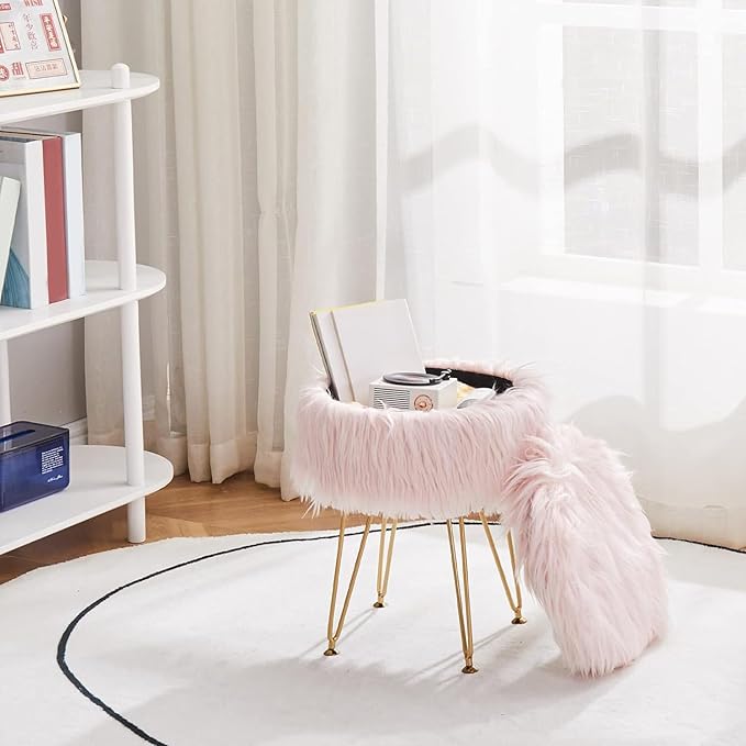 Mxfurhawa Faux Fur Storage Ottoman Round Furry Vanity Stool Marble Grain Tray Coffee Table Compact Footrest Stool with 4 Metal Legs Soft Makeup Seat Foot Stools for Living Room Bedroom Entryway Pink