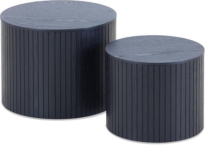 KEVINSPACE Small Coffee Table Nesting End Table Set of 2, Round Coffee Table with Storage Function Wood Side Table Circle Accent Tables for Small Spaces Living Room Bedroom Balcony Office Black