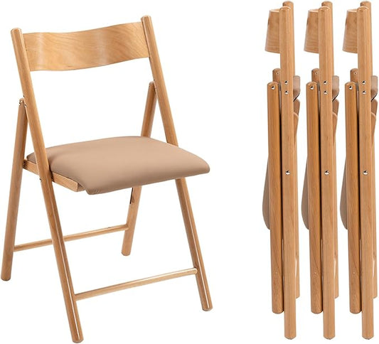 Folding Chairs Set of 4, Wooden Foldable Dining Chairs with Faux Leather Cushion 4-Pack Portable and Stackable Chairs for Dining Kitchen Office Wedding Picnic(Khaki,4Pack)