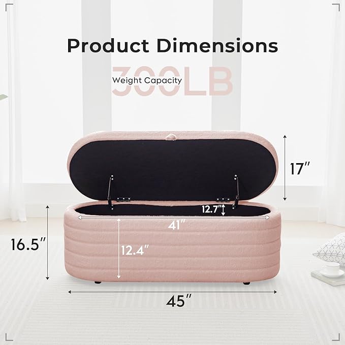 Storage Ottoman Bench End of Bed for Bedroom,45 inch Boucle Upholstered Entryway Shoe Seat Bench w/ Storage,Sherpa Modern Cute Padded Blanket Chest Stool Foot Rest for Living Room,Window Seating, Pink