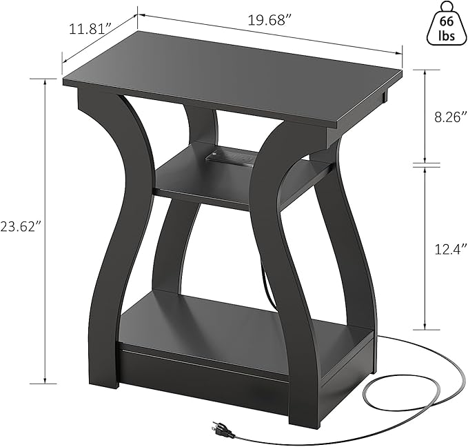 End Table with Charging Station, Side Table with USB Ports and Outlets, 3 Tier Nightstand Sofa Table for Small Spaces, Beside Table with Storage Shelf for Living Room, Bedroom