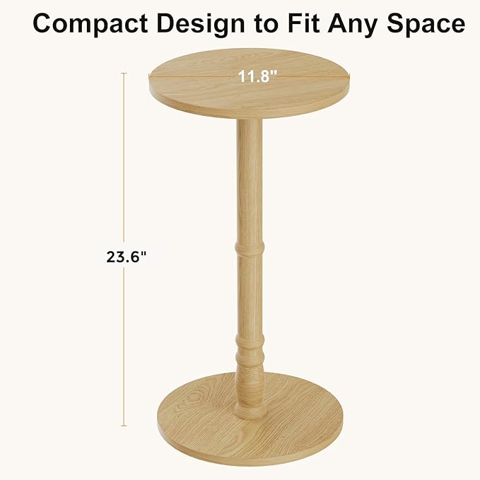 Round Side Table, Solid Wood Pillar with Wood Top & Base, Small Drink Accent Table for Living Room, Bedroom, Sofa & Office, Easy Assembly, Natural