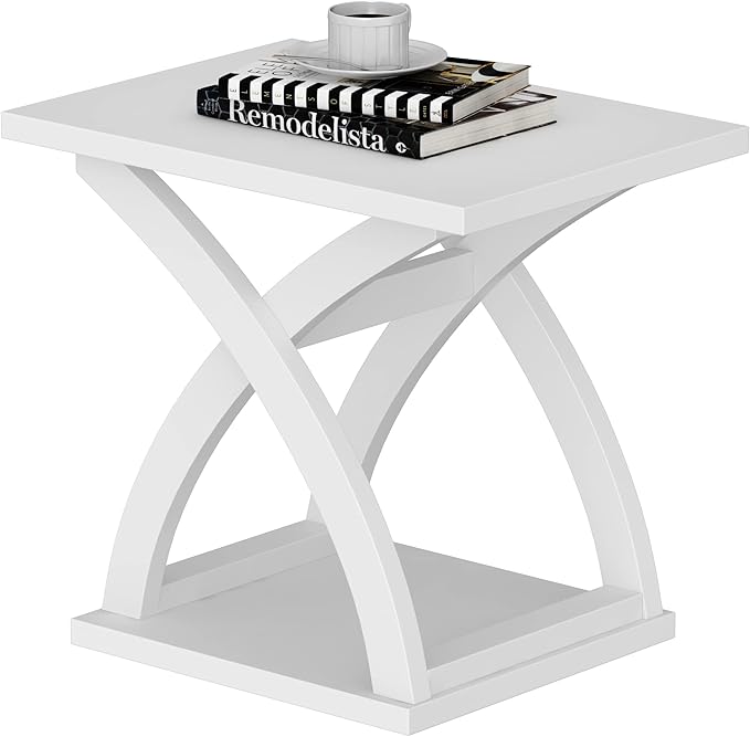 ChooChoo End Side Table, Modern End Table with Storage Shelf, X-Design Side Table Living Room (White)