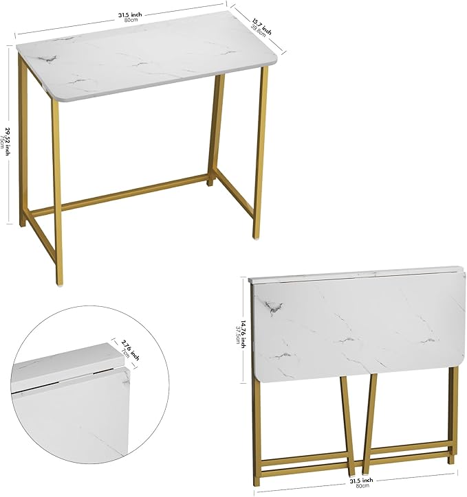 WOHOMO White Faux Marble Folding Desk, 31.5" Small Desk for Small Spaces with Gold Legs, Easy Assemble Foldable Computer Desk, Mini Portable Working Table for Home Office, White and Gold