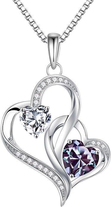 Iefil Christmas Gifts for Women - Double Heart Birthstone Necklace, 925 Sterling Silver Heart Pendant Necklace, Anniversary Birthday Gifts for Women | Personalized Jewelry Gift for Wife Mom Girlfriend