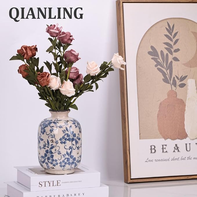 Chinoiserie Vase - 7.9" Tall Chinoiserie Decor Ice Crackle Vintage Blue and White Floral Vase, Farmhouse Country Home Decor, Living Room, Dining Table, Fireplace and Entryway Decor Centerpieces